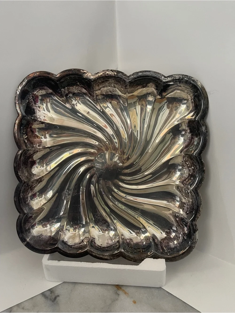 Vintage English Silver Mfg Platter square Swirling scalloped Edge 12” Square